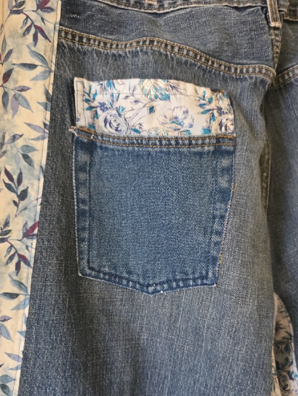 HAND CRAFTED Wrap Jeans UPCYCLED Blue Denim Tie Front Floral Flowers Size XL - Picture 5 of 16